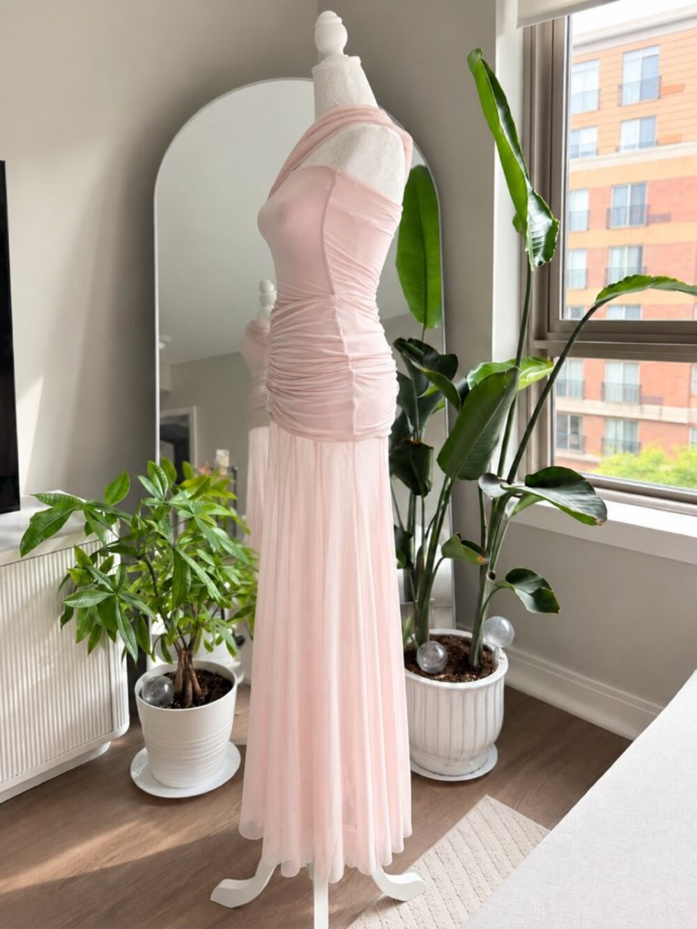 Meshki Off Shoulder Ruched Maxi Dress Pink Size XS